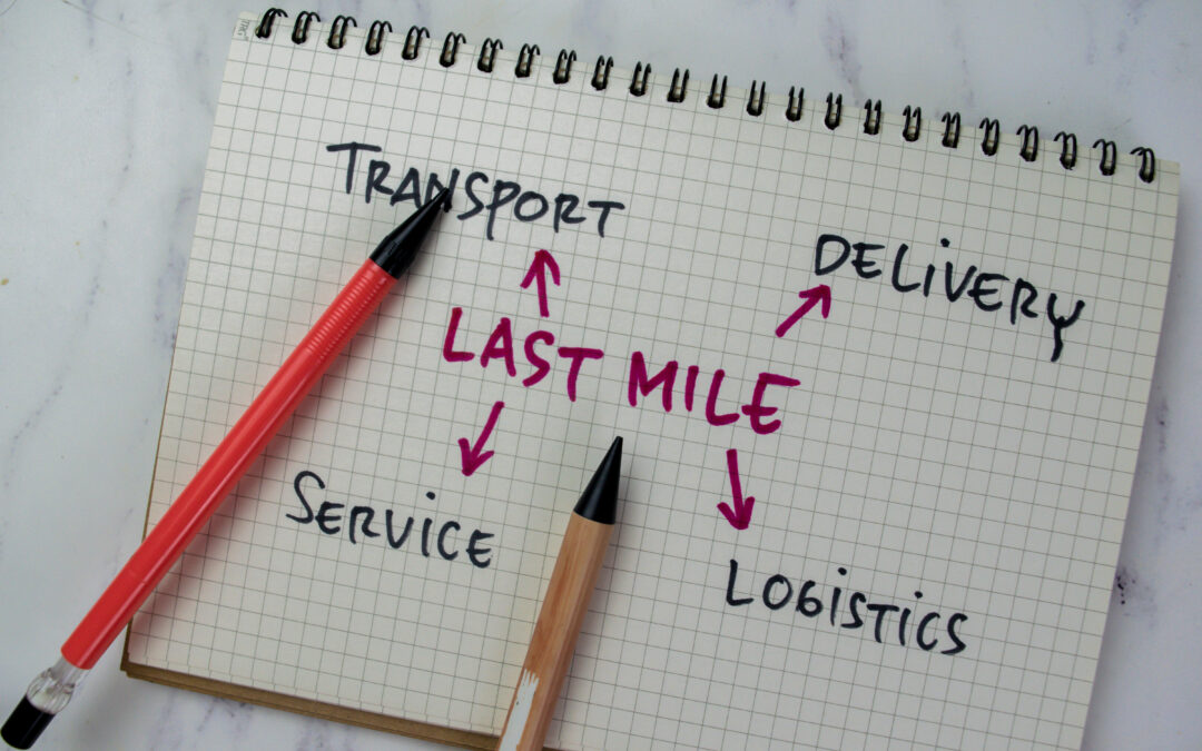 Last mile delivery concept. Note pad and pens with the words transport, delivery, service, logistics and last mile.