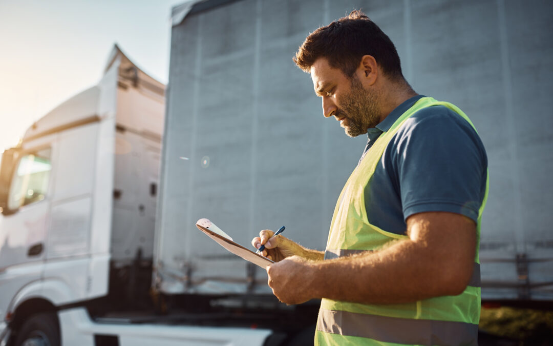 Freight forwarding concept: Cargo transportation manager taking notes while going through checklist standing in front of a semi-trailer