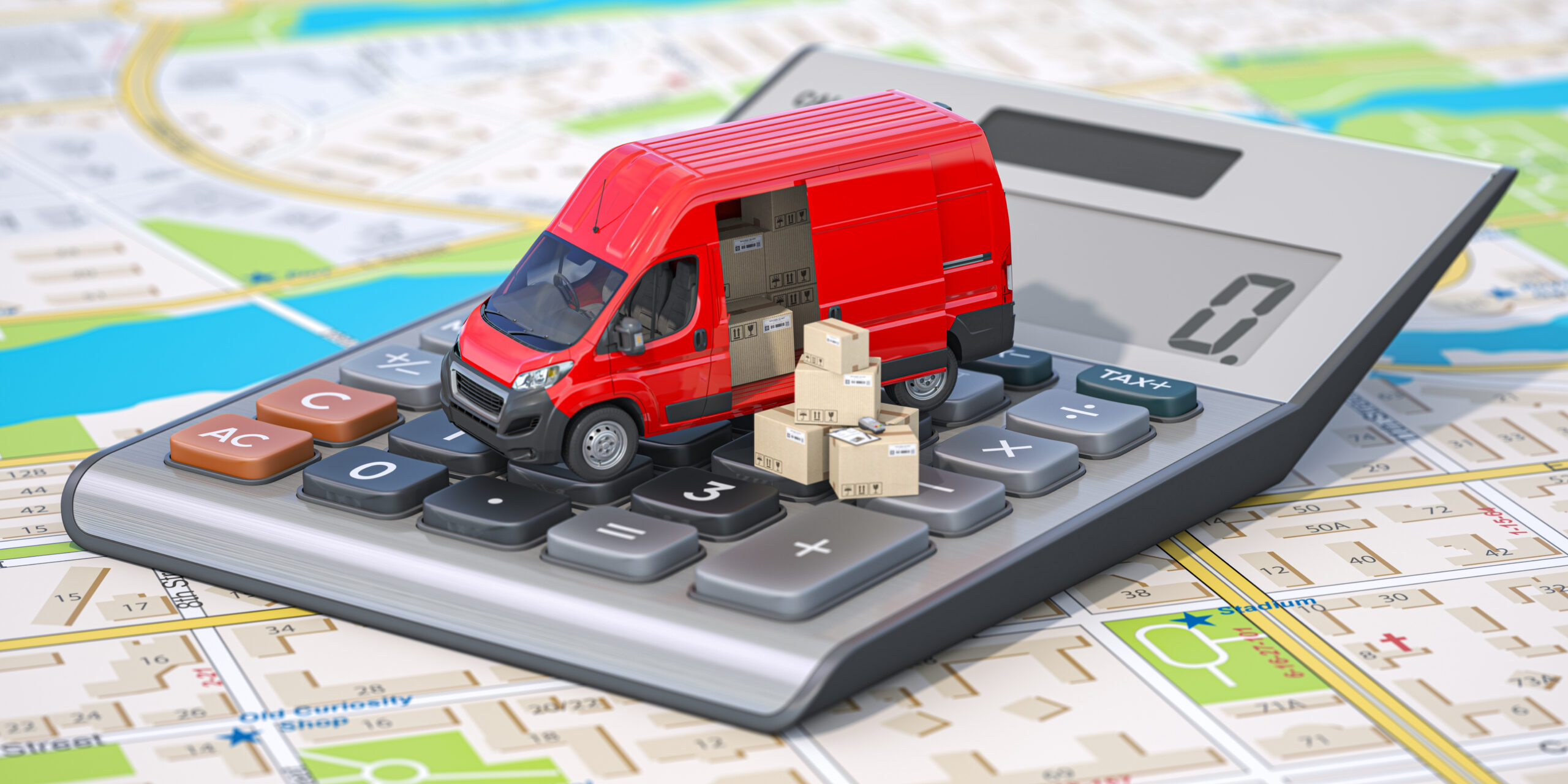 Last mile delivery costs concept - a 3d model of a delivery van is sitting on a calculator, which is on top of a map