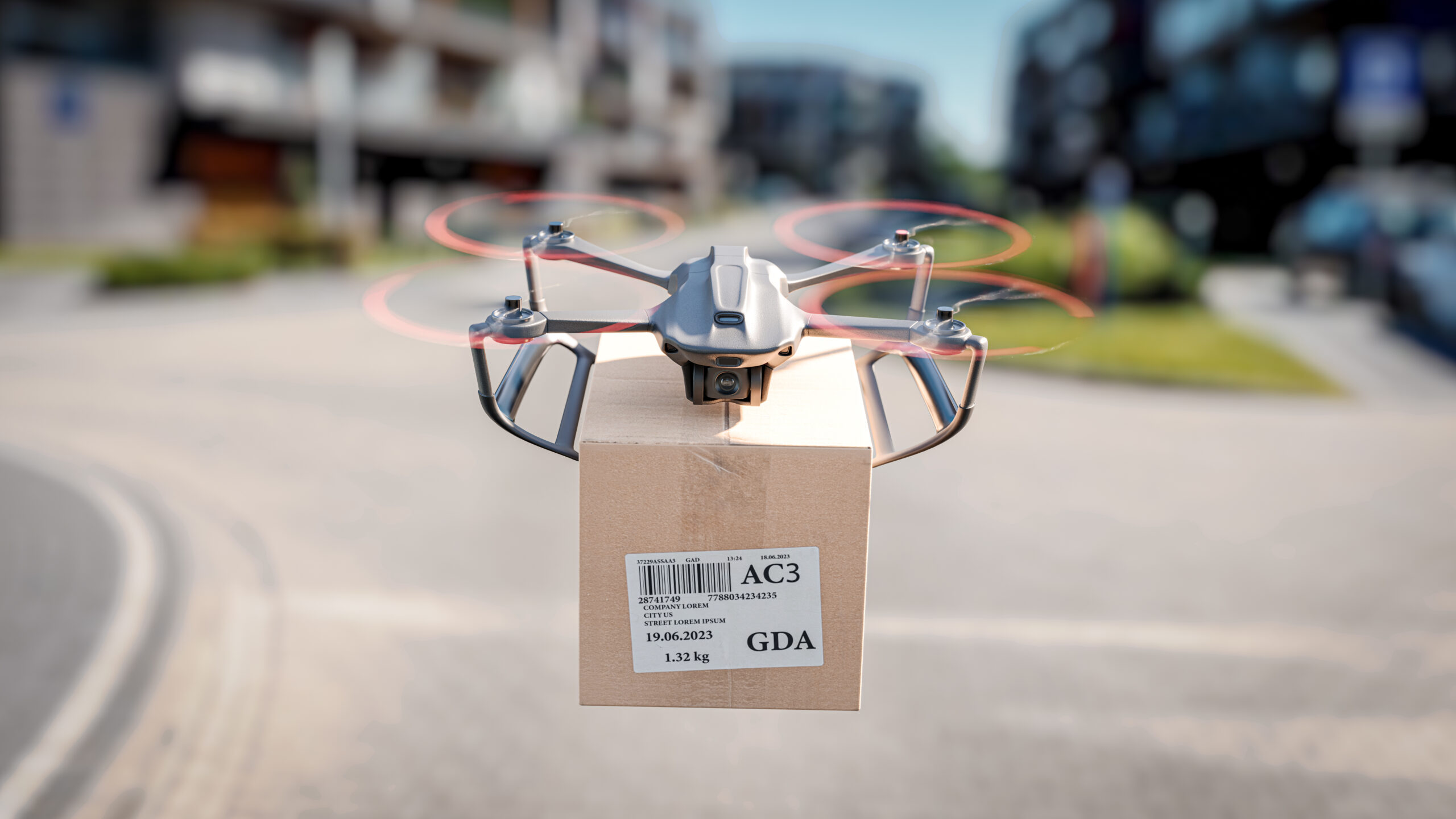 Last mile delivery technology concept: A delivery drone is flying between residential buildings - the concept of delivering packages using an unmanned drone