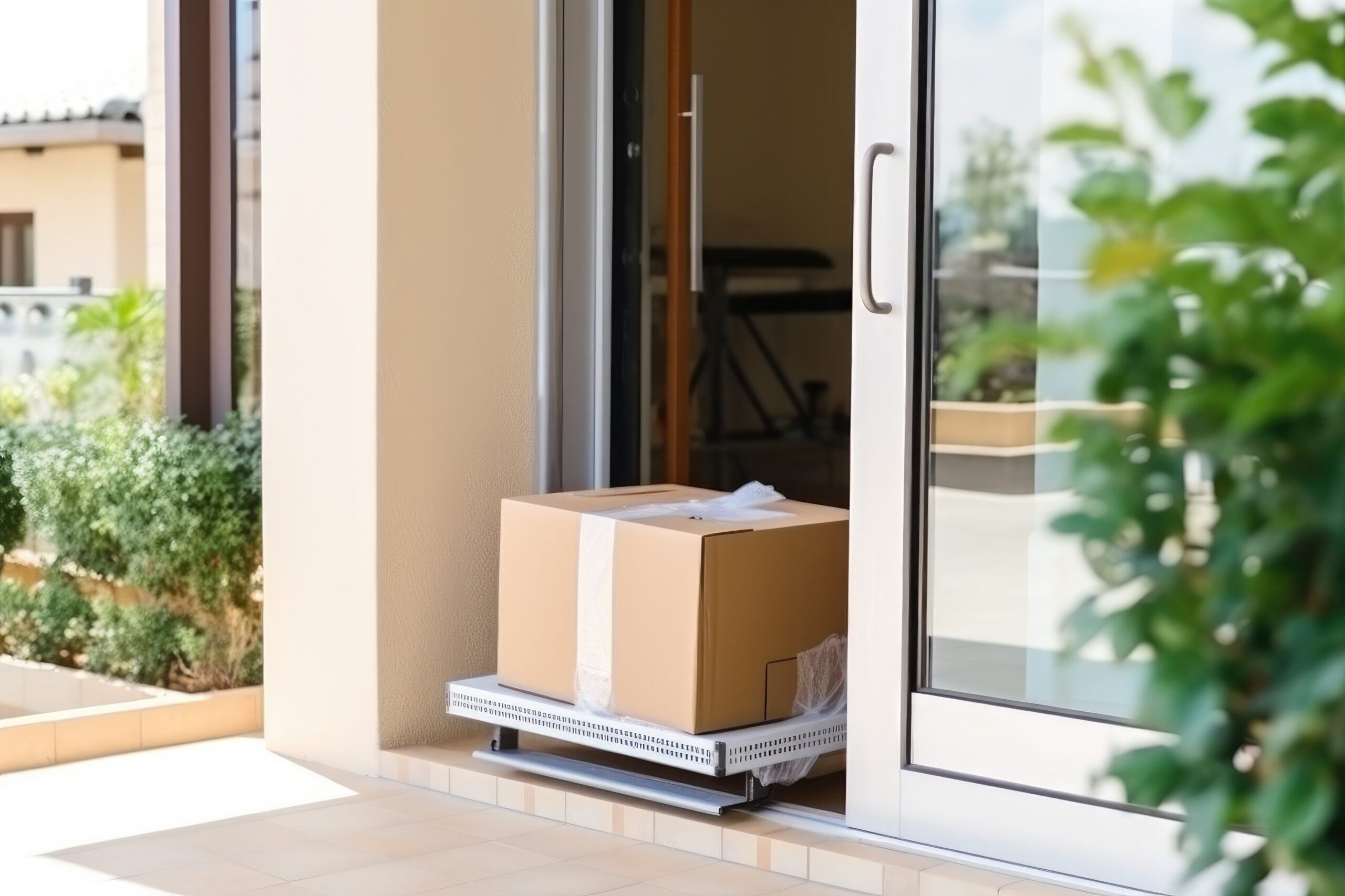 Last Mile Delivery in Ecommerce concept: a package sitting in the doorway of a residence.