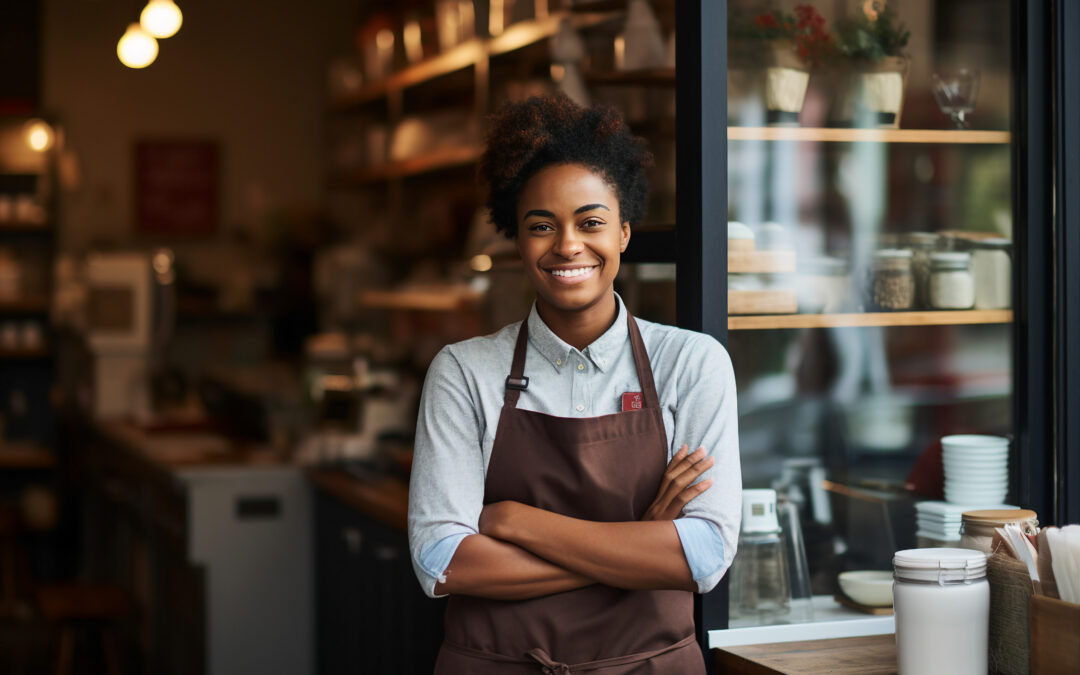 Black female business owner smiling and wearing an apron in her business